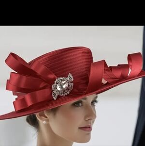 Elegant Red Wide-Brim Satin Church Hat with Rhinestone Accent